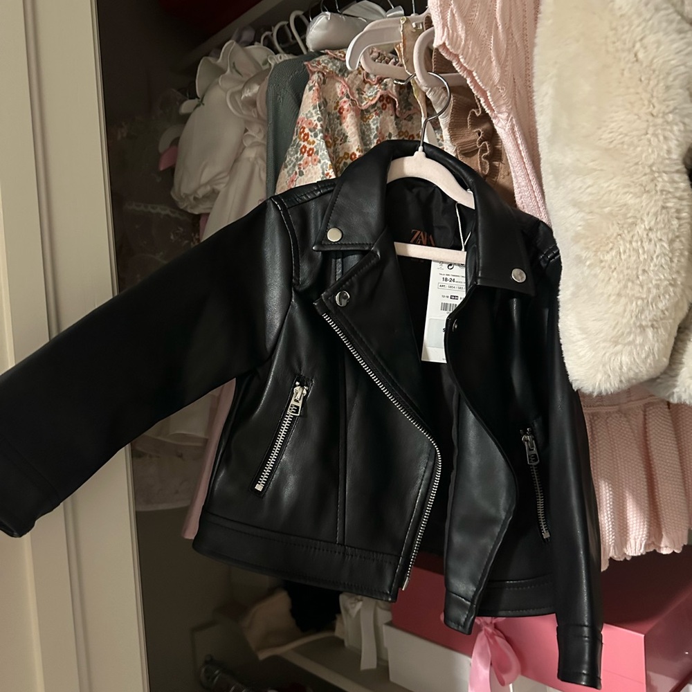 Zara kids Black Faux Leather Jacket with Silver Zippers